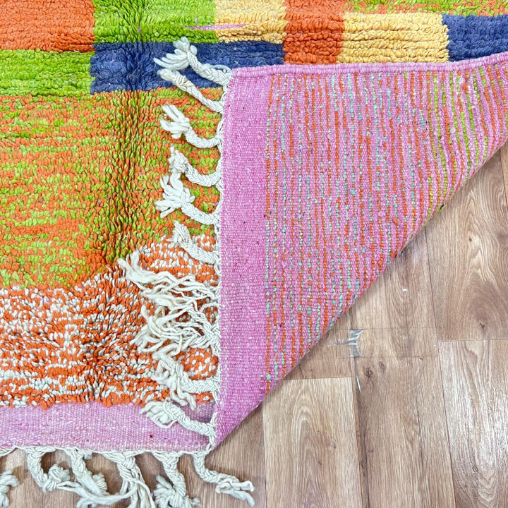 Vintage Moroccan wool rug 769 – handmade colorful abstract Berber carpet in orange, yellow and pink (262 × 156 cm / 8.59 × 5.11 ft).