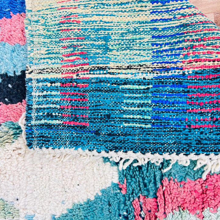Vintage Moroccan Wool Rug – Teal Blue &amp; Pink Tribal Design 738
