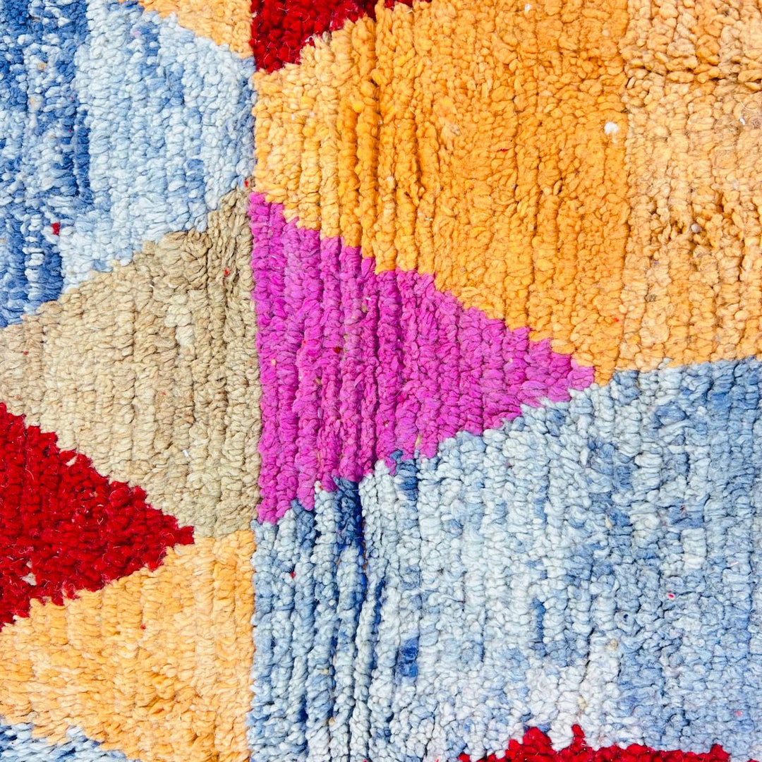 Vintage Moroccan wool rug with colorful abstract Berber geometric pattern, handmade in Morocco