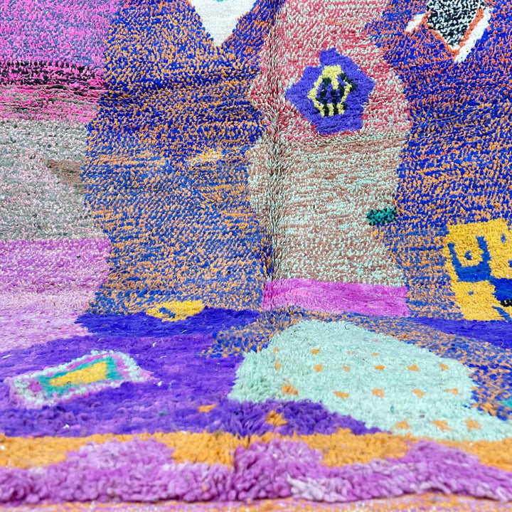 Vintage Moroccan wool rug 836 – handmade colorful Berber carpet with purple and orange geometric abstract motifs (290 × 199 cm / 9.51 × 6.53 ft).
