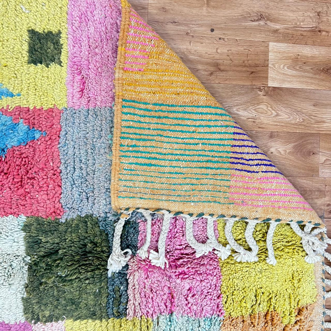 Vintage Moroccan wool rug 197 – handmade colorful geometric abstract Berber design (245 × 156 cm).