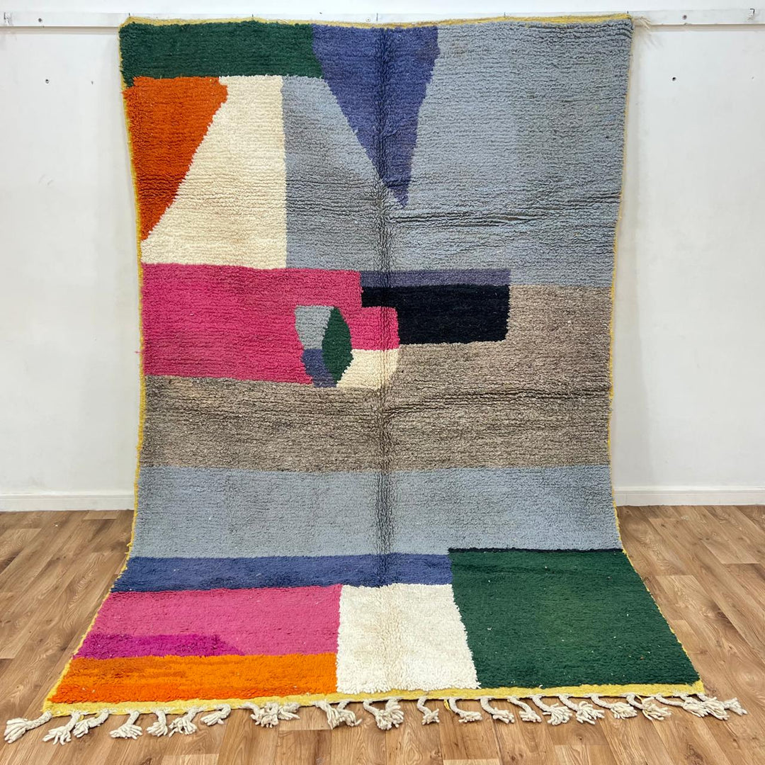 Vintage Moroccan wool rug 869 – handmade Berber carpet with color blocks in pink, green, blue, and orange. 232 × 190 cm (7.61 × 6.23 ft).