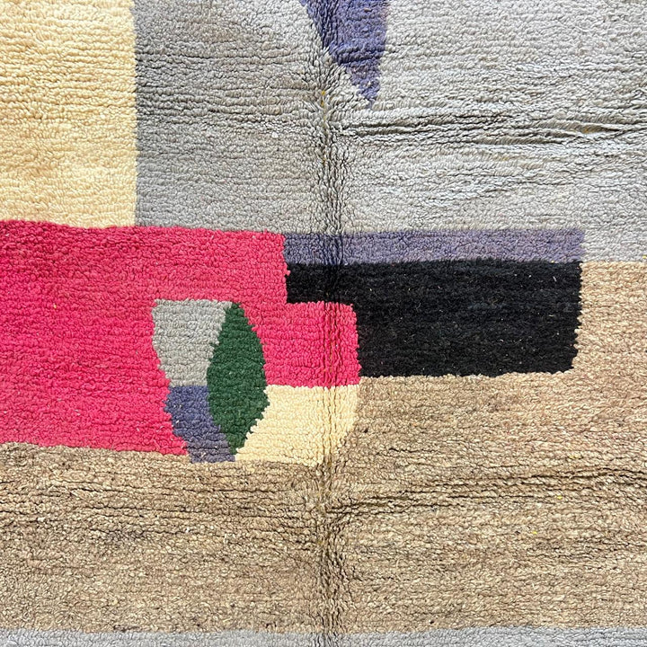 Vintage Moroccan wool rug 869 – handmade Berber carpet with color blocks in pink, green, blue, and orange. 232 × 190 cm (7.61 × 6.23 ft).