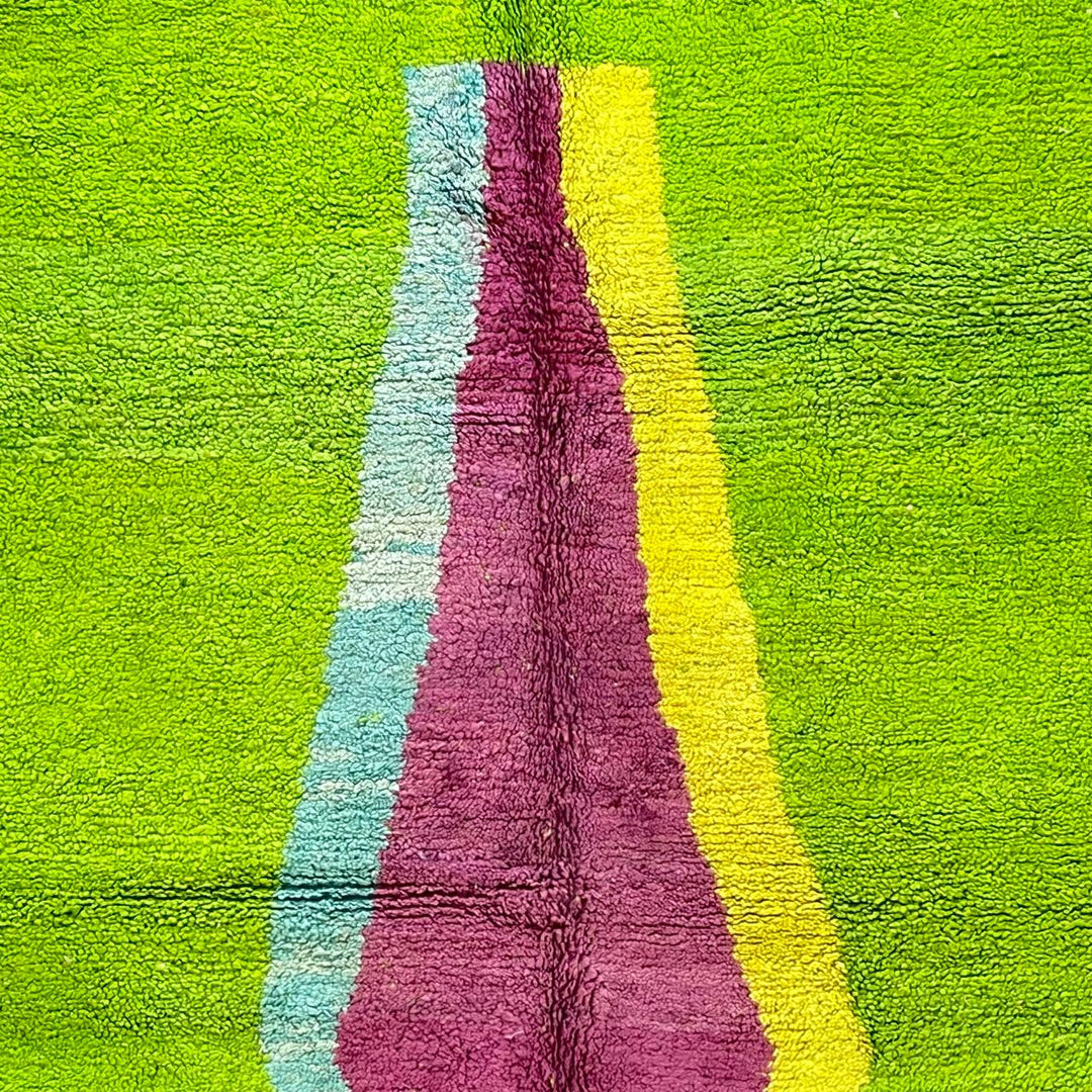 Vintage Moroccan wool rug 877 – handmade Berber carpet with lime green base and pink-yellow abstract stripe, 299 × 206 cm (9.81 × 6.75 ft).