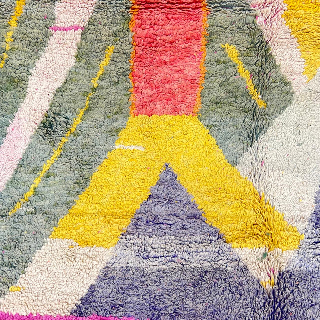 Vintage Moroccan wool rug 925 – handmade Berber carpet with abstract color blocks in pink, yellow, navy, green, and cream (310 × 197 cm / 10.17 × 6.46 ft).
