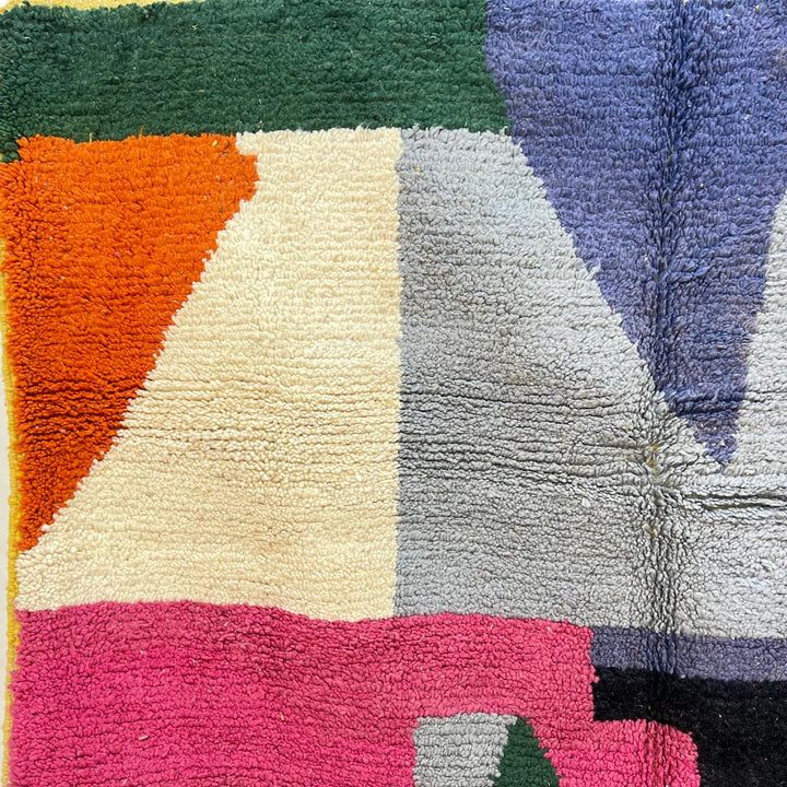Vintage Moroccan wool rug 869 – handmade Berber carpet with color blocks in pink, green, blue, and orange. 232 × 190 cm (7.61 × 6.23 ft).