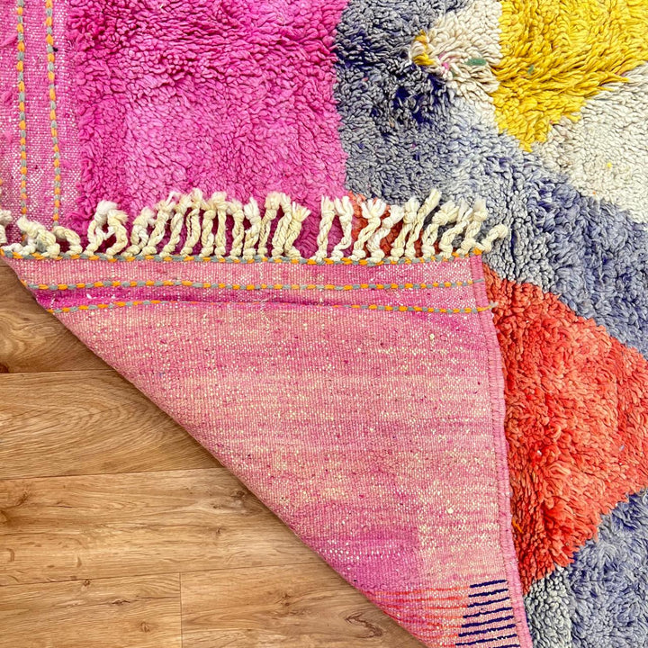 Vintage Moroccan wool rug 925 – handmade Berber carpet with abstract color blocks in pink, yellow, navy, green, and cream (310 × 197 cm / 10.17 × 6.46 ft).