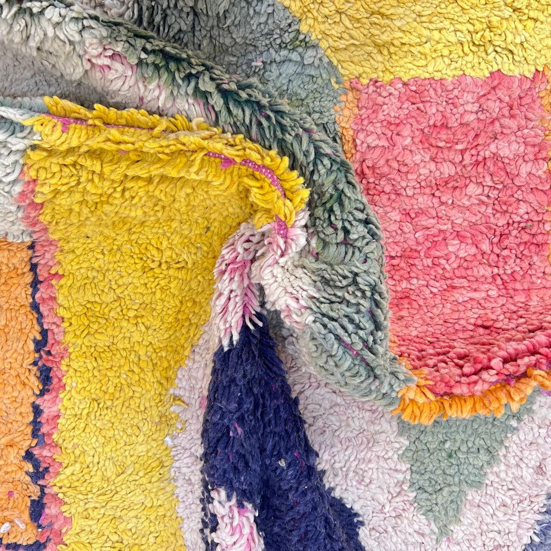 Vintage Moroccan wool rug 925 – handmade Berber carpet with abstract color blocks in pink, yellow, navy, green, and cream (310 × 197 cm / 10.17 × 6.46 ft).