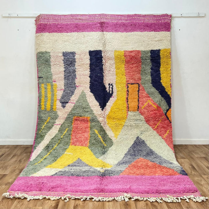 Vintage Moroccan wool rug 925 – handmade Berber carpet with abstract color blocks in pink, yellow, navy, green, and cream (310 × 197 cm / 10.17 × 6.46 ft).