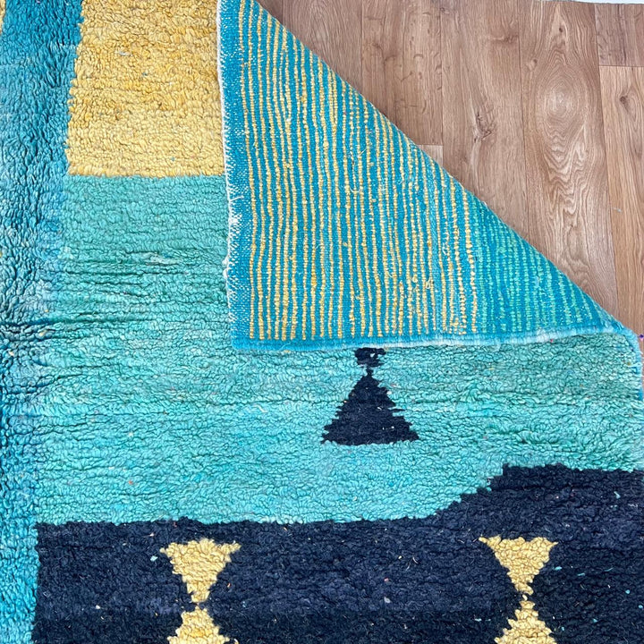 Vintage Moroccan wool rug 870 – handmade Berber carpet with abstract color blocks in turquoise, pink, mustard, and coral. 305 × 205 cm (10.00 × 6.72 ft).