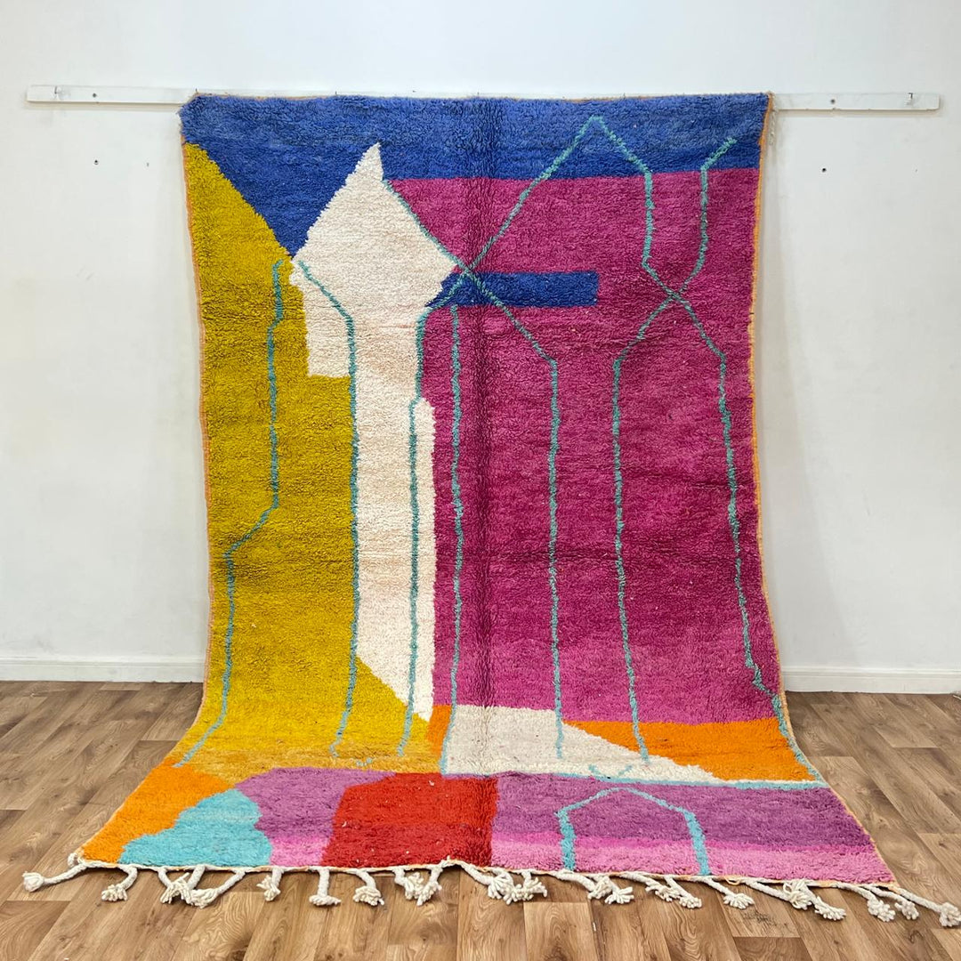 Vintage Moroccan wool rug 844 – handmade Berber carpet with geometric color blocks in fuchsia, yellow, blue, orange, and cream. 305 × 187 cm (10.00 × 6.13 ft).