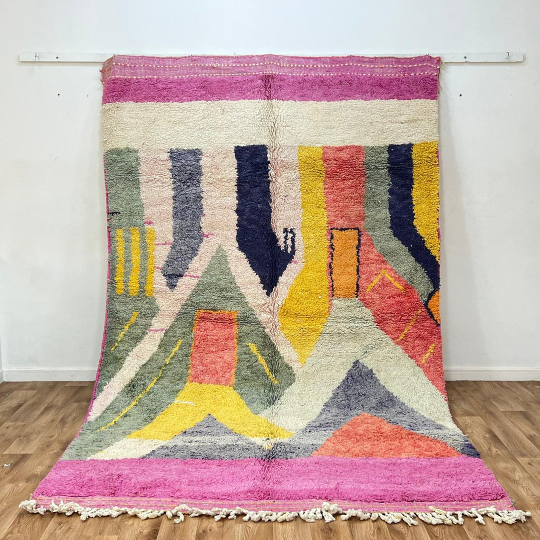 Vintage Moroccan wool rug 925 – handmade Berber carpet with abstract color blocks in pink, yellow, navy, green, and cream (310 × 197 cm / 10.17 × 6.46 ft).