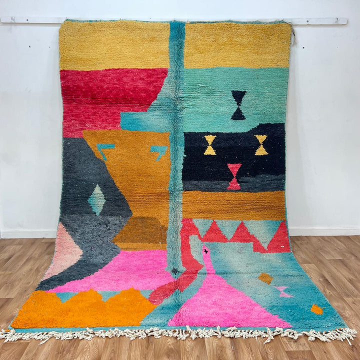 Vintage Moroccan wool rug 870 – handmade Berber carpet with abstract color blocks in turquoise, pink, mustard, and coral. 305 × 205 cm (10.00 × 6.72 ft).
