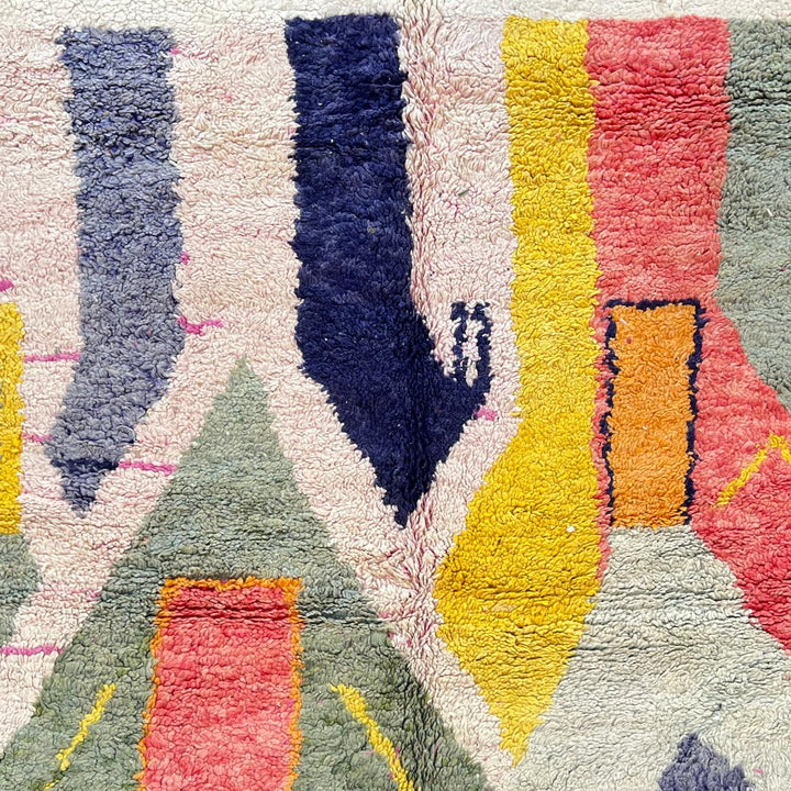 Vintage Moroccan wool rug 925 – handmade Berber carpet with abstract color blocks in pink, yellow, navy, green, and cream (310 × 197 cm / 10.17 × 6.46 ft).
