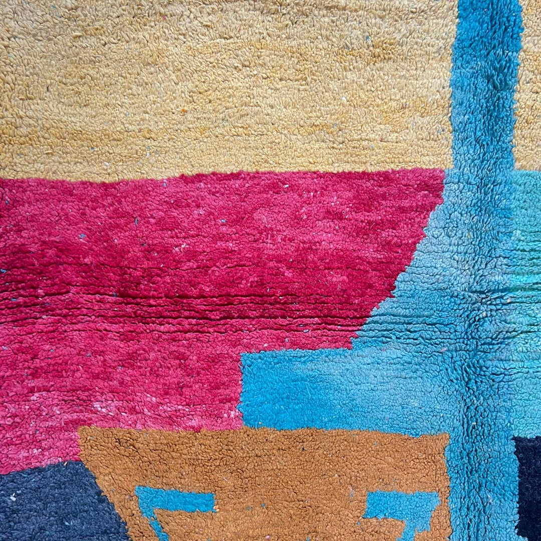 Vintage Moroccan wool rug 870 – handmade Berber carpet with abstract color blocks in turquoise, pink, mustard, and coral. 305 × 205 cm (10.00 × 6.72 ft).