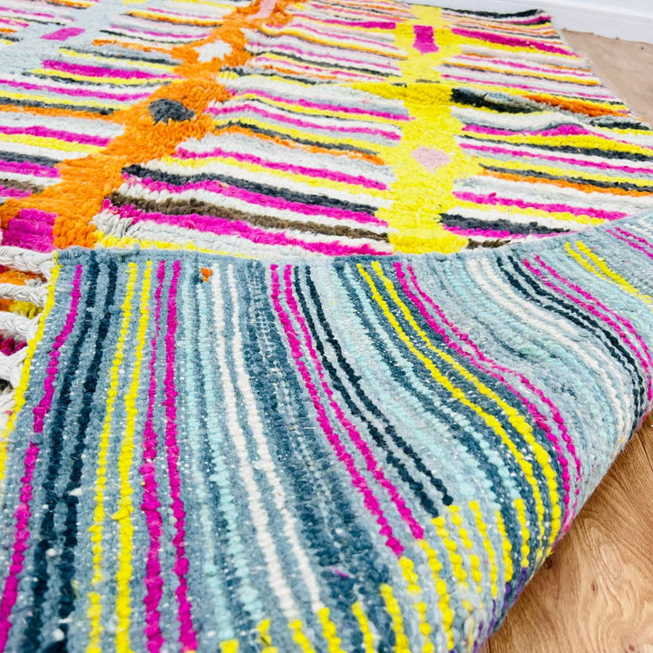 Vintage Moroccan striped wool rug with colorful geometric stripes, handmade Berber carpet 243x157 cm