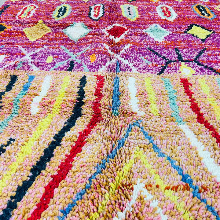 Vintage Moroccan wool rug with red base, colorful Berber diamond patterns, handmade tribal carpet