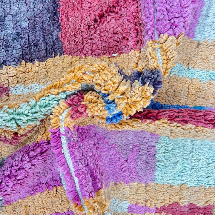 Vintage Moroccan wool rug 874 – colorful handmade Berber carpet with mustard, pink, and orange abstract stripes, 293 × 246 cm (9.61 × 8.07 ft).