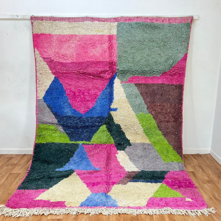 Vintage Moroccan wool rug 853 – colorful abstract handmade Berber carpet in pink, blue, green, and beige (287 × 209 cm / 9.41 × 6.86 ft).