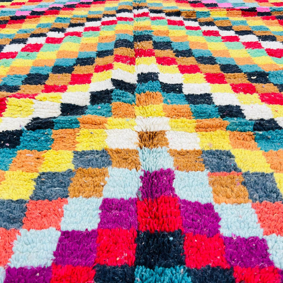 Vintage Moroccan checkered wool rug with colorful geometric squares, handmade Berber rug from Morocco, 280 x 157 cm