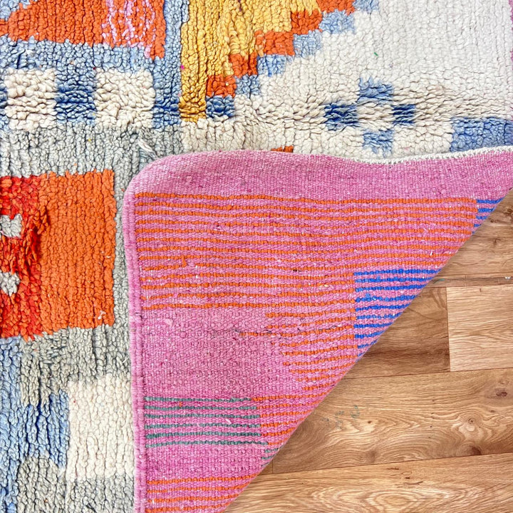 Vintage Moroccan wool rug 769 – handmade colorful abstract Berber carpet in orange, yellow and pink (262 × 156 cm / 8.59 × 5.11 ft).