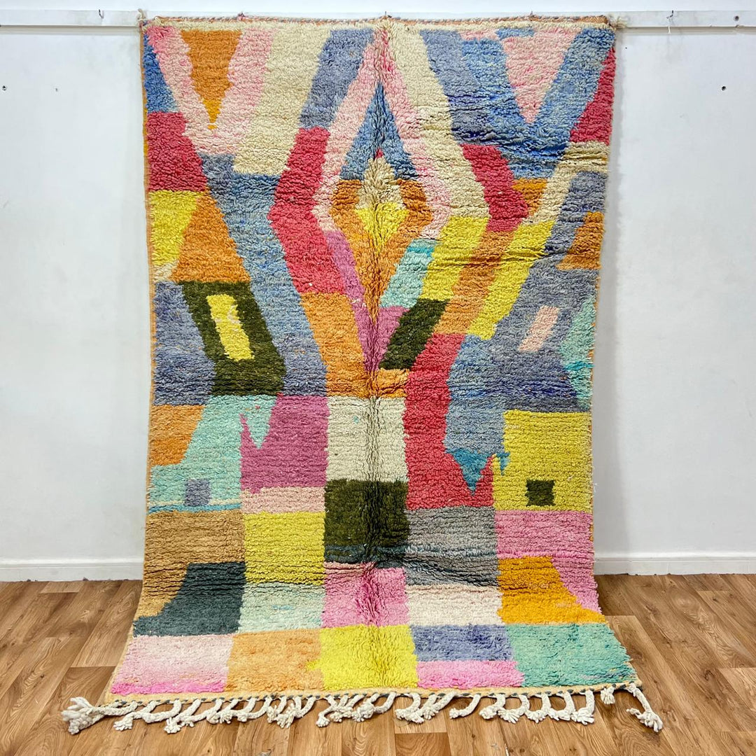 Vintage Moroccan wool rug 197 – handmade colorful geometric abstract Berber design (245 × 156 cm).