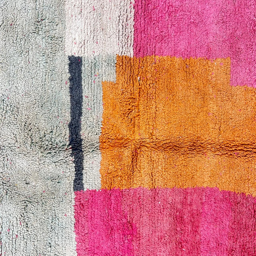 Vintage Moroccan wool rug 848 – handmade pink and orange Berber carpet, abstract color-block design, medium pile, 311 × 190 cm (10.20 × 6.23 ft).