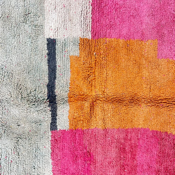 Vintage Moroccan wool rug 848 – handmade pink and orange Berber carpet, abstract color-block design, medium pile, 311 × 190 cm (10.20 × 6.23 ft).
