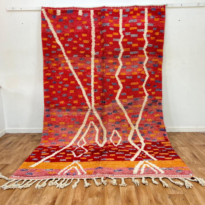 Vintage Moroccan wool rug 832 – handmade red abstract Berber wool carpet, 292 × 190 cm (9.58 × 6.23 ft).