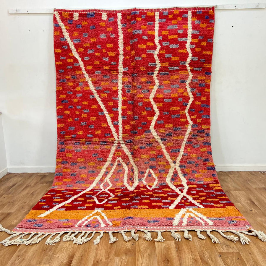 Vintage Moroccan wool rug 832 – handmade red abstract Berber wool carpet, 292 × 190 cm (9.58 × 6.23 ft).