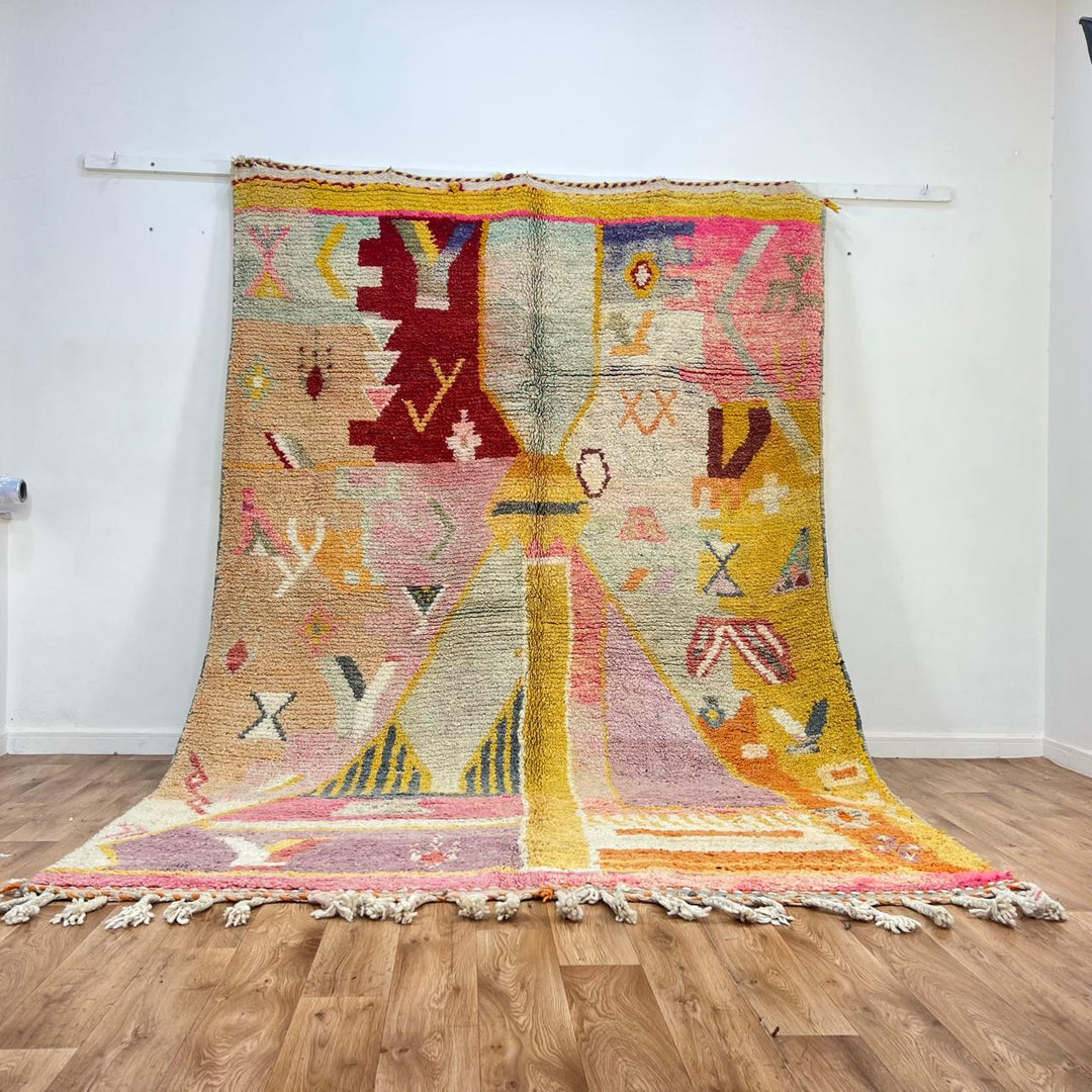 Vintage Moroccan wool rug BA106 – handmade colorful Berber carpet with yellow and pink geometric patterns (210 × 310 cm / 6.88 × 10.17 ft).