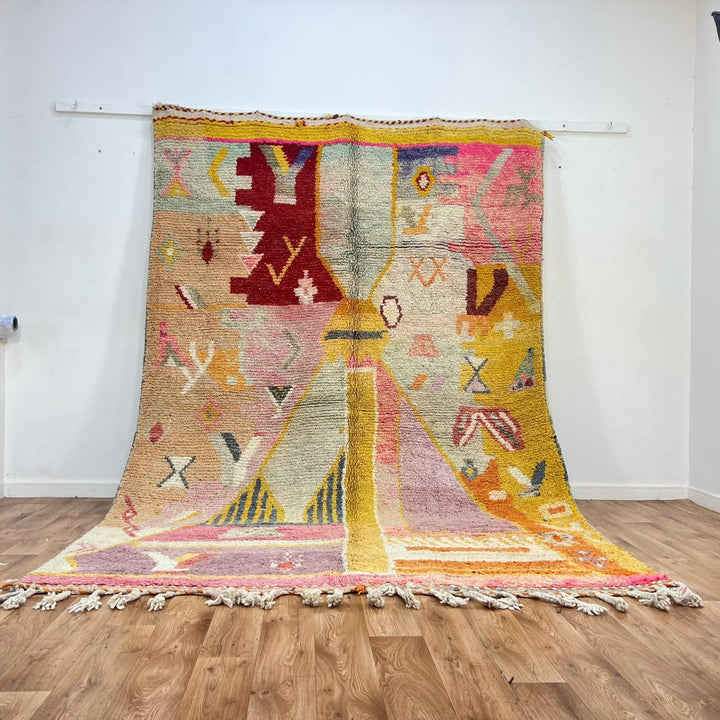 Vintage Moroccan wool rug BA106 – handmade colorful Berber carpet with yellow and pink geometric patterns (210 × 310 cm / 6.88 × 10.17 ft).