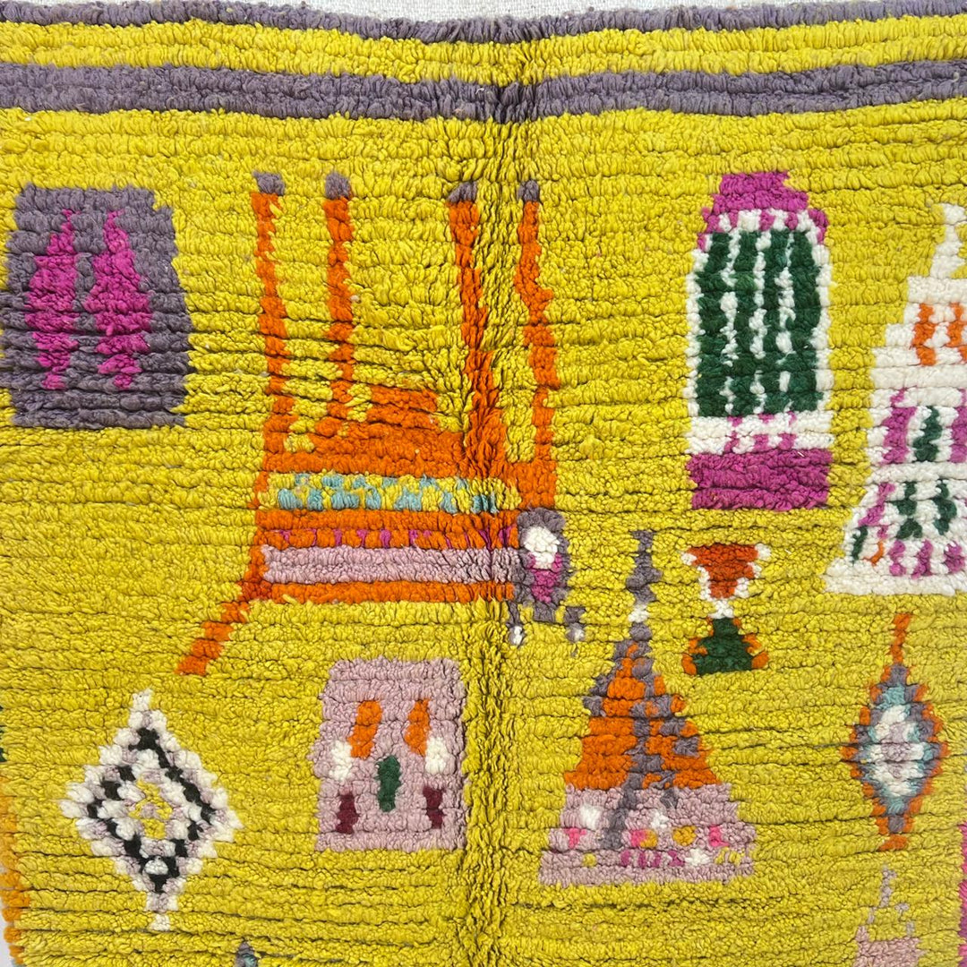 Vintage Moroccan Wool Rug 14 – handmade yellow and green Berber rug with colorful tribal motifs (211 × 126 cm).