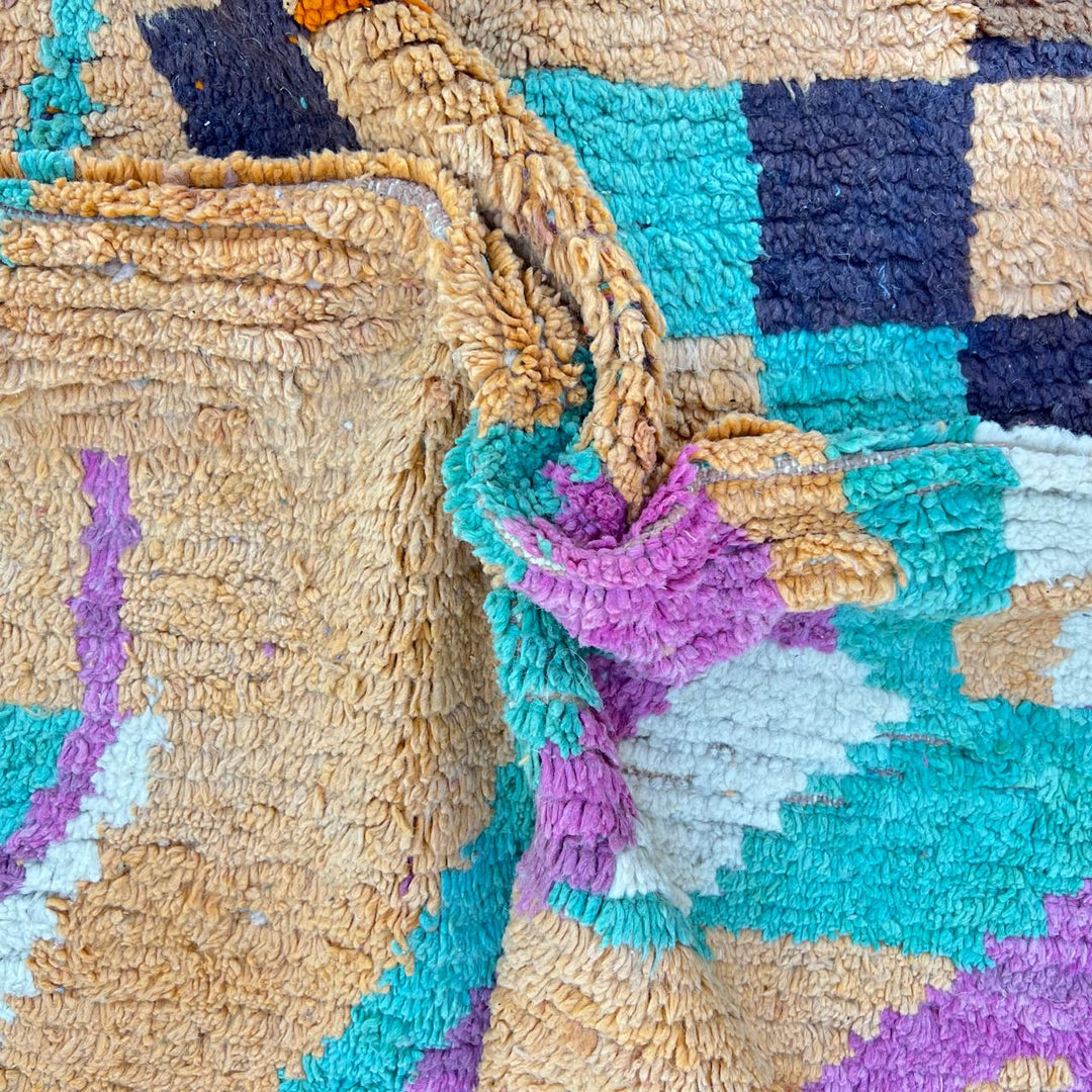 Vintage Moroccan wool rug 833 – handmade Berber carpet with orange, yellow, green, and purple tribal geometric patterns, 284 × 196 cm (9.31 × 6.43 ft).