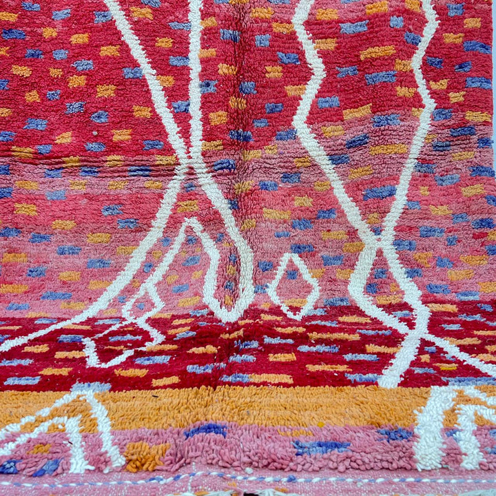 Vintage Moroccan wool rug 832 – handmade red and orange abstract Berber carpet with geometric details (292 × 190 cm / 9.57 × 6.23 ft).