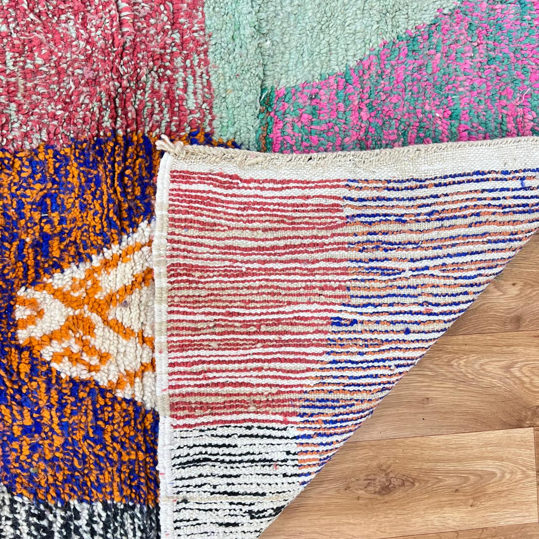 Vintage Moroccan wool rug 836 – handmade colorful Berber carpet with purple and orange geometric abstract motifs (290 × 199 cm / 9.51 × 6.53 ft).