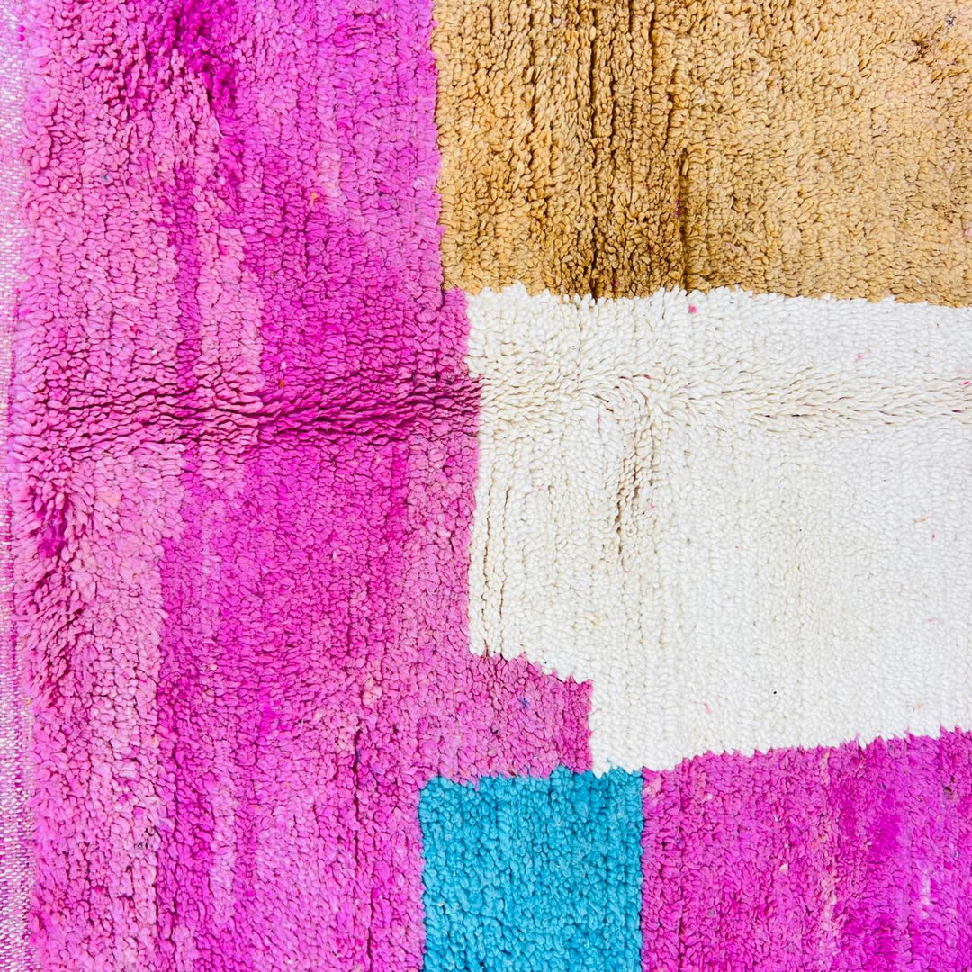 Vintage Moroccan rug handmade from wool with pink camel ivory color block design, 261x157 cm