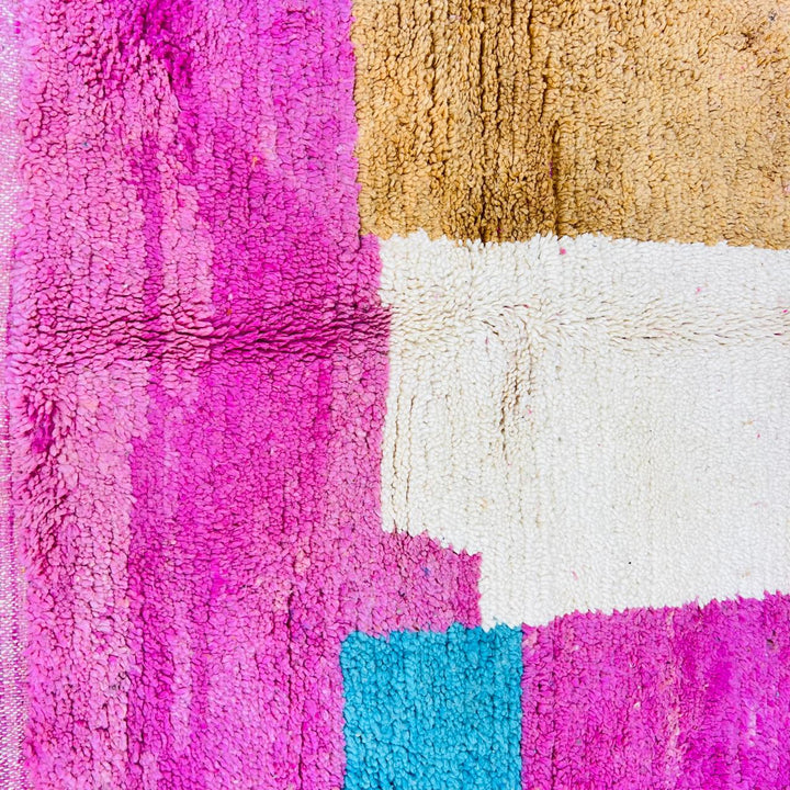 Vintage Moroccan rug handmade from wool with pink camel ivory color block design, 261x157 cm