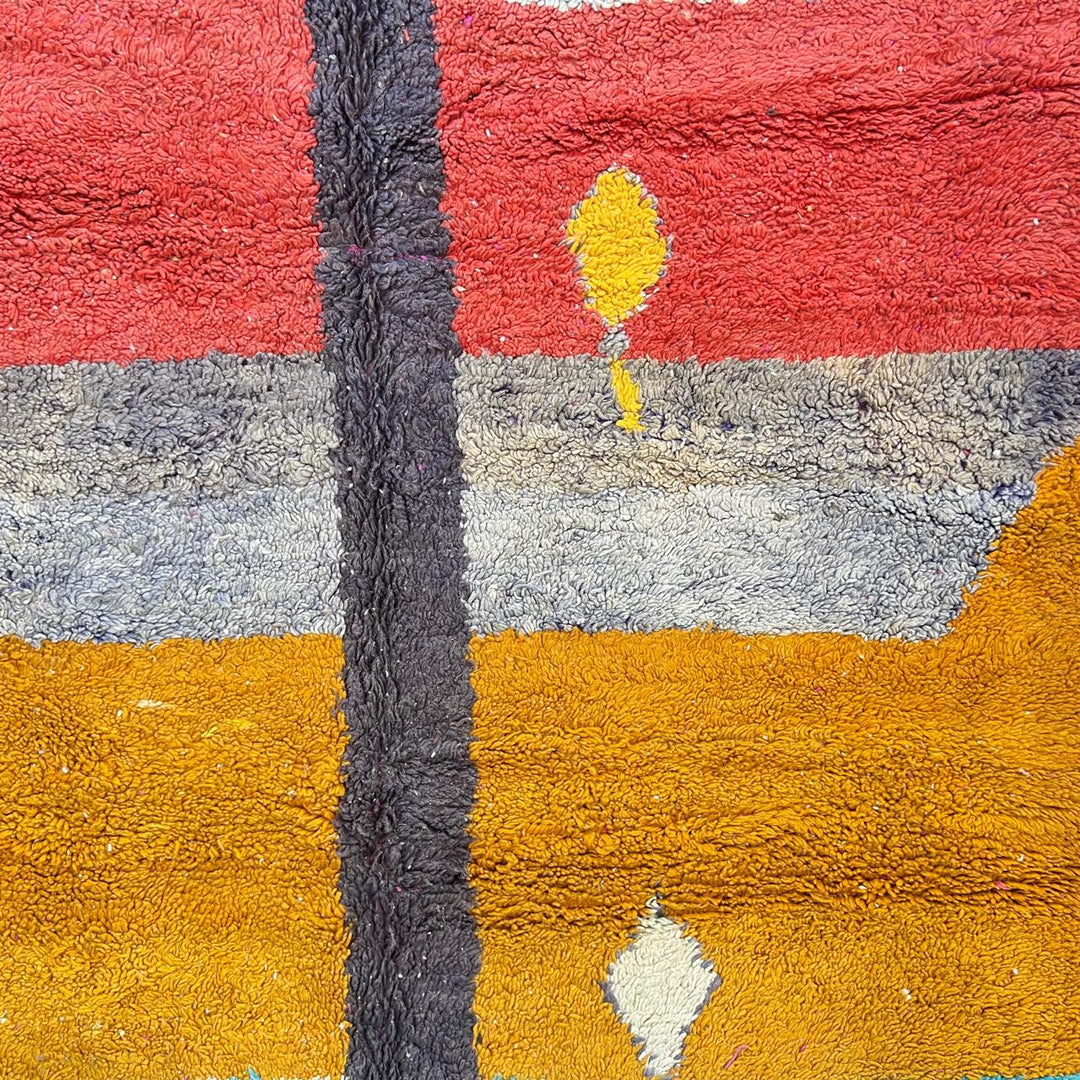 Vintage Moroccan wool rug 824 – handmade Berber carpet with yellow, blue, red, and gray abstract patterns, medium pile (299 × 200 cm / 9.81 × 6.56 ft).