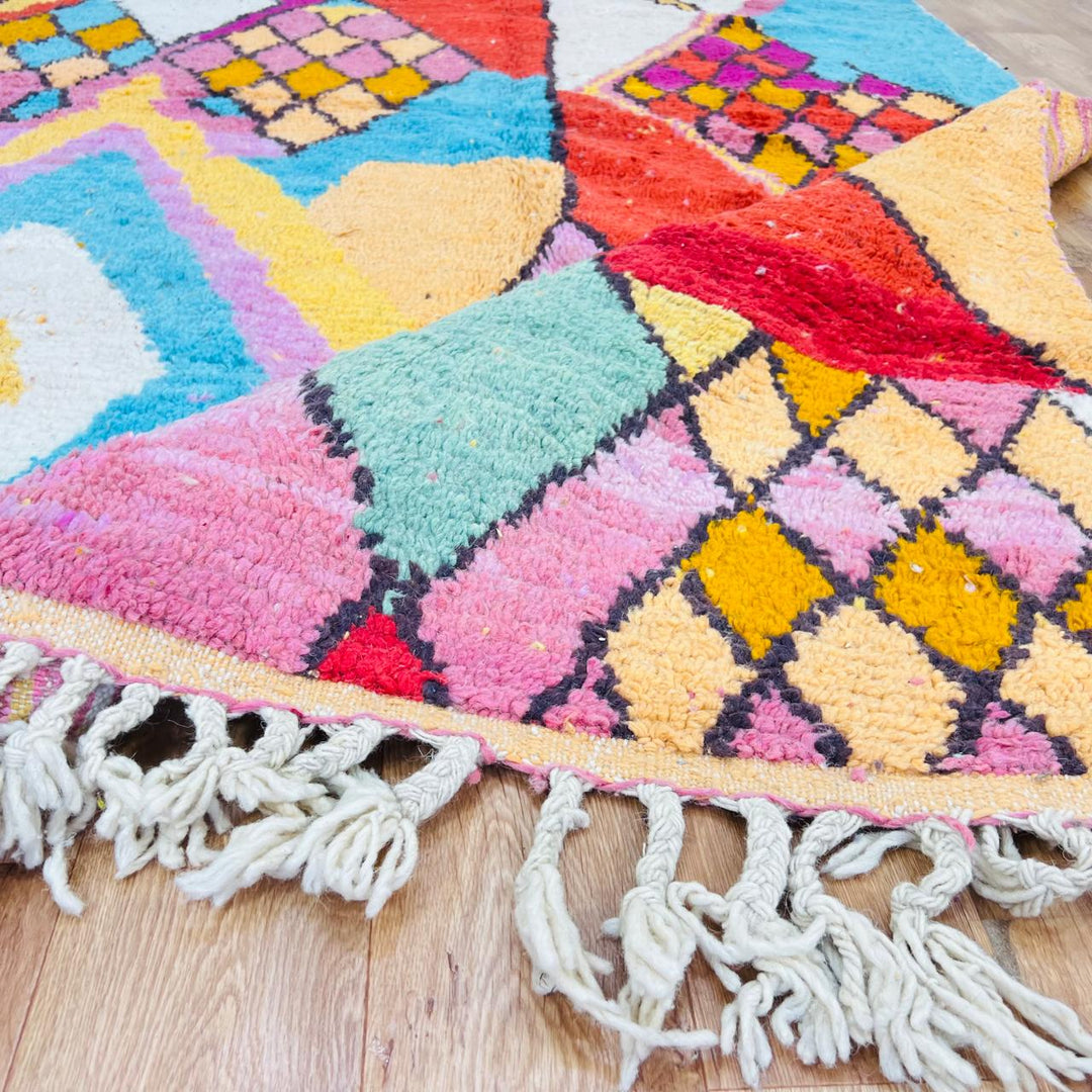 Vintage Moroccan wool rug with bold abstract geometric patterns in red, pink, yellow and blue, handwoven by Berber artisans – Rug 280