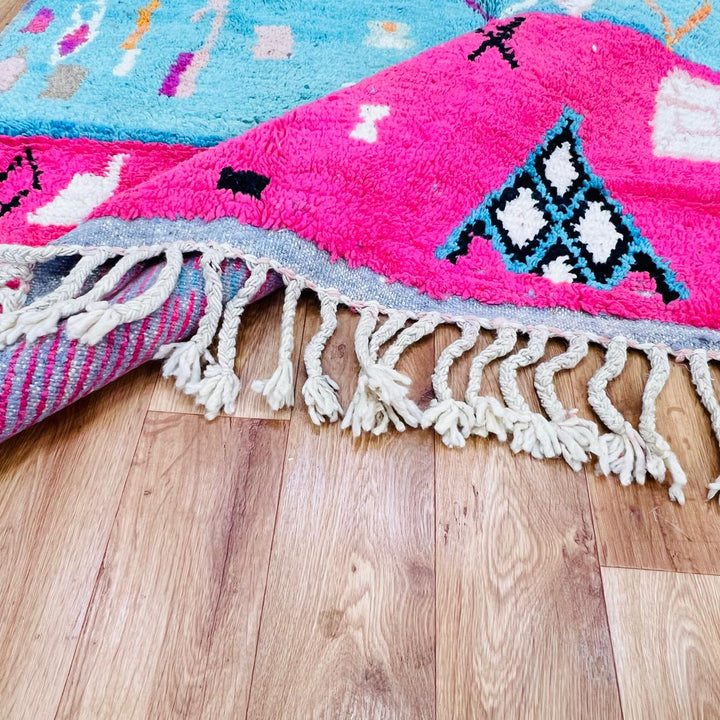 Vintage Moroccan wool rug with colorful geometric Berber patterns in yellow, pink, turquoise and ivory, handmade in Morocco, rug 461