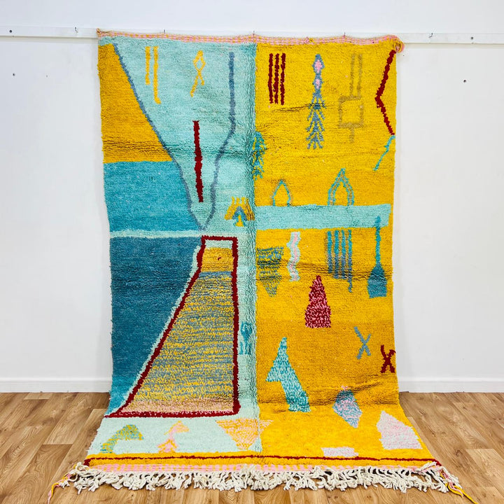 Vintage Moroccan Wool Rug 686 – Handmade Yellow Blue Berber Rug