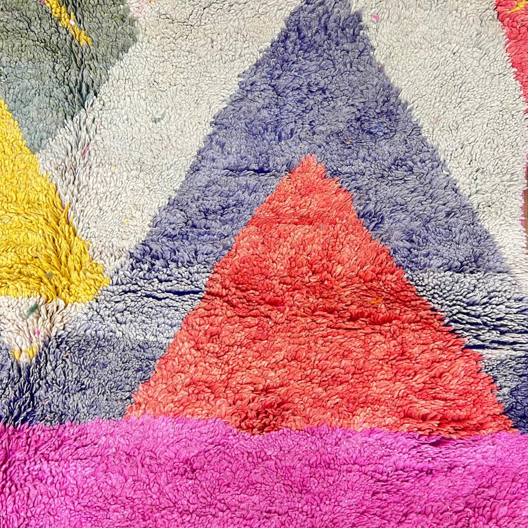 Vintage Moroccan wool rug 925 – handmade Berber carpet with abstract color blocks in pink, yellow, navy, green, and cream (310 × 197 cm / 10.17 × 6.46 ft).