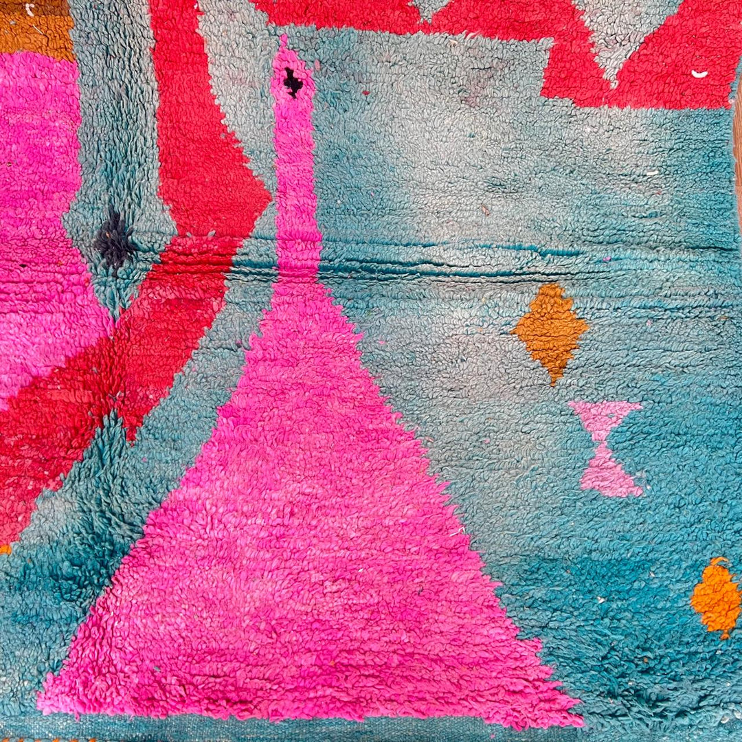 Vintage Moroccan wool rug 870 – handmade Berber carpet with abstract color blocks in turquoise, pink, mustard, and coral. 305 × 205 cm (10.00 × 6.72 ft).