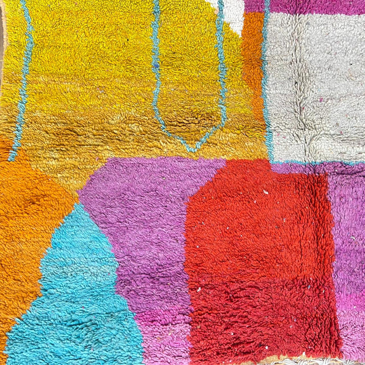 Vintage Moroccan wool rug 844 – handmade Berber carpet with geometric color blocks in fuchsia, yellow, blue, orange, and cream. 305 × 187 cm (10.00 × 6.13 ft).