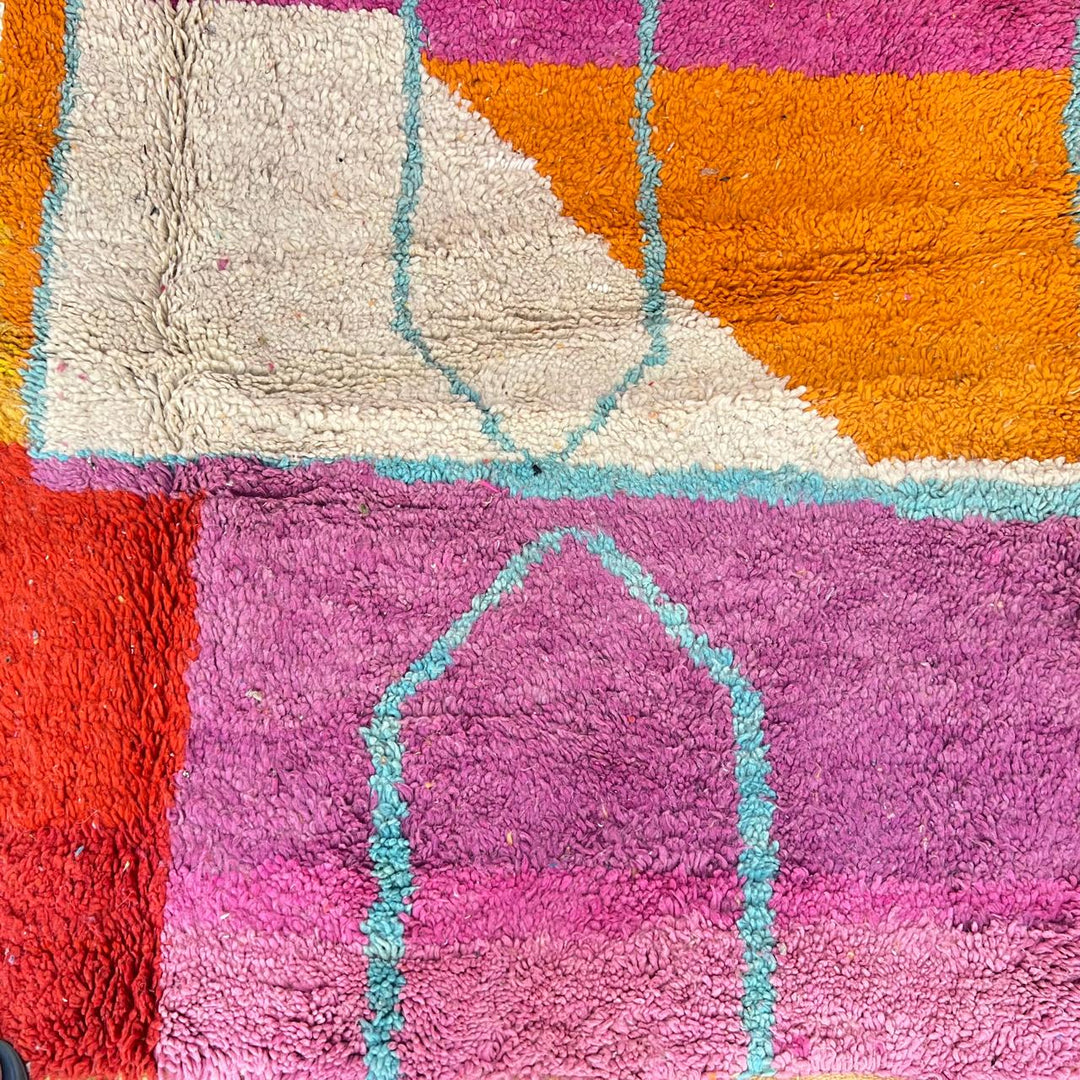 Vintage Moroccan wool rug 844 – handmade Berber carpet with geometric color blocks in fuchsia, yellow, blue, orange, and cream. 305 × 187 cm (10.00 × 6.13 ft).