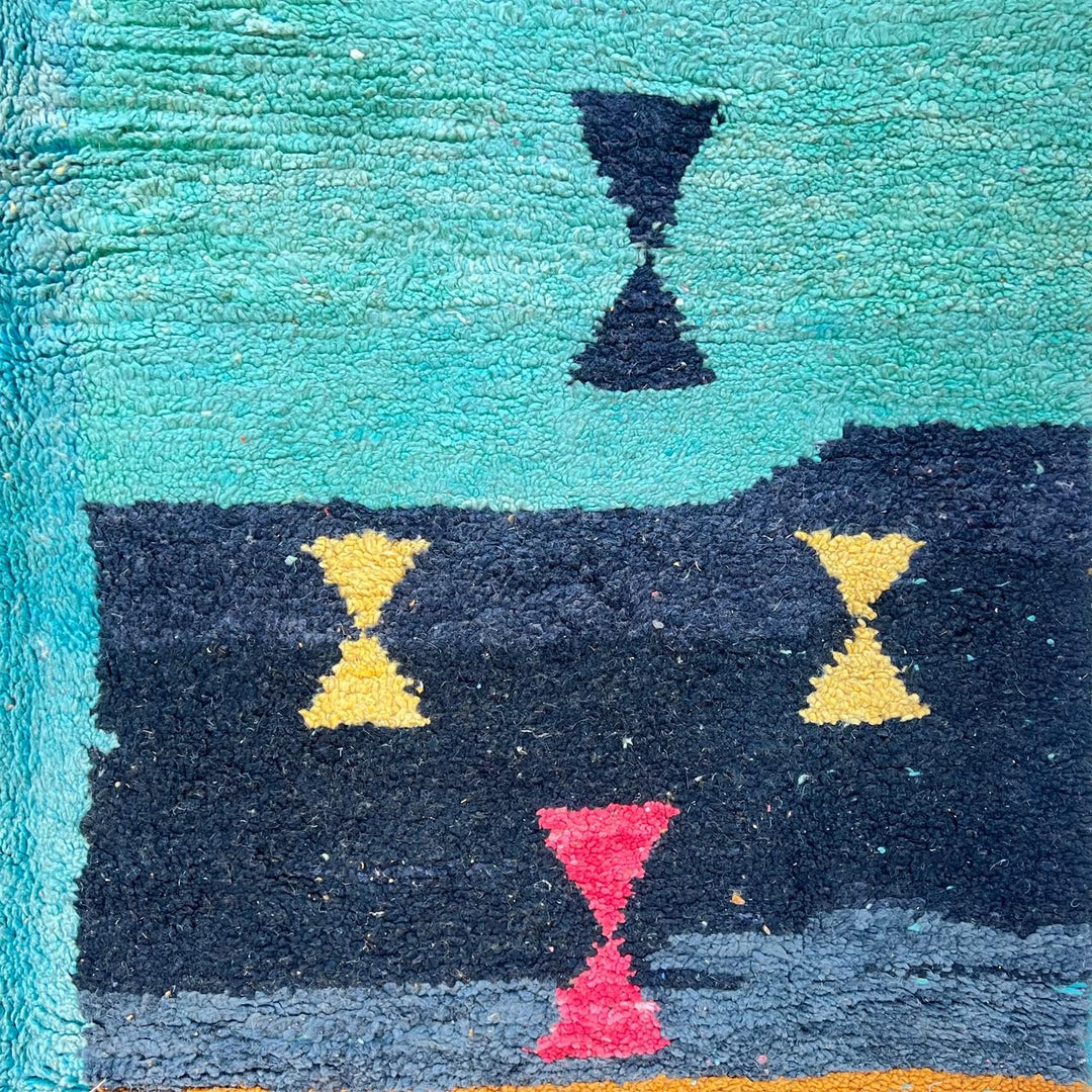 Vintage Moroccan wool rug 870 – handmade Berber carpet with abstract color blocks in turquoise, pink, mustard, and coral. 305 × 205 cm (10.00 × 6.72 ft).