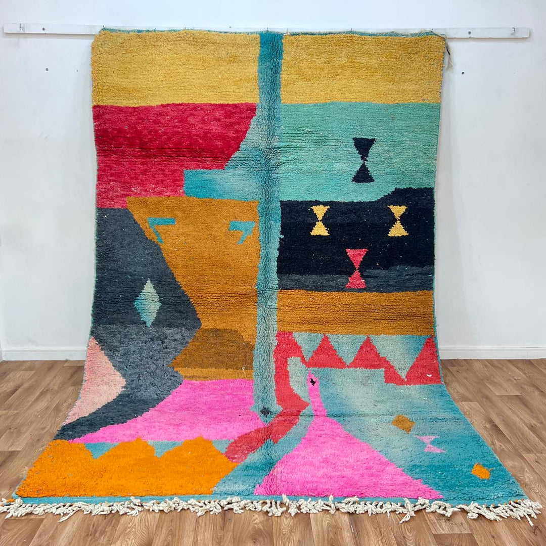 Vintage Moroccan wool rug 870 – handmade Berber carpet with abstract color blocks in turquoise, pink, mustard, and coral. 305 × 205 cm (10.00 × 6.72 ft).