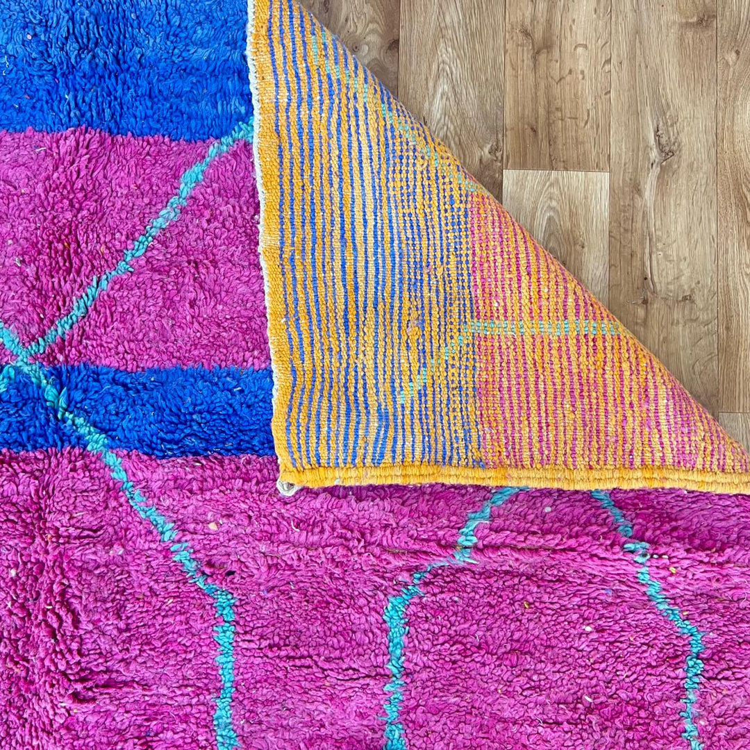 Vintage Moroccan wool rug 844 – handmade Berber carpet with geometric color blocks in fuchsia, yellow, blue, orange, and cream. 305 × 187 cm (10.00 × 6.13 ft).