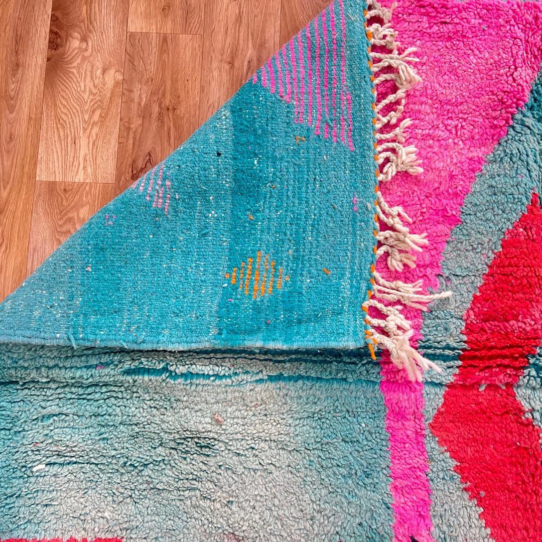 Vintage Moroccan wool rug 870 – handmade Berber carpet with abstract color blocks in turquoise, pink, mustard, and coral. 305 × 205 cm (10.00 × 6.72 ft).